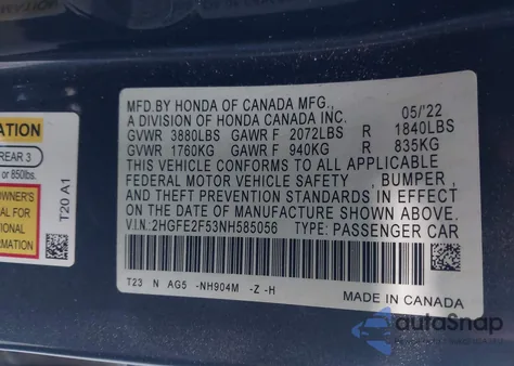 2022 Honda Civic Sport z USA, uszkodzony, nr VIN 2HGFE2F53NH585056